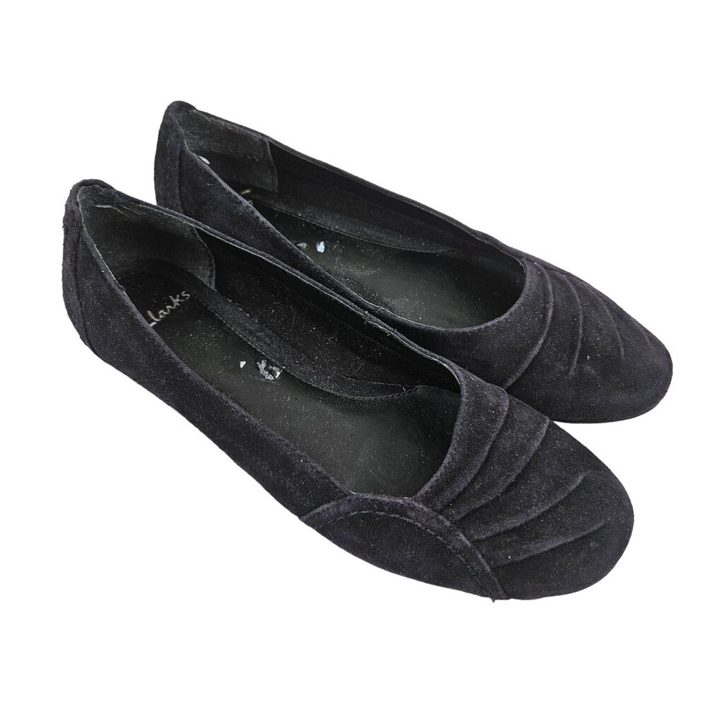 Clarks Loafers Womens Size 7 Black Suede Shoes Comfort Flats Pleated Front